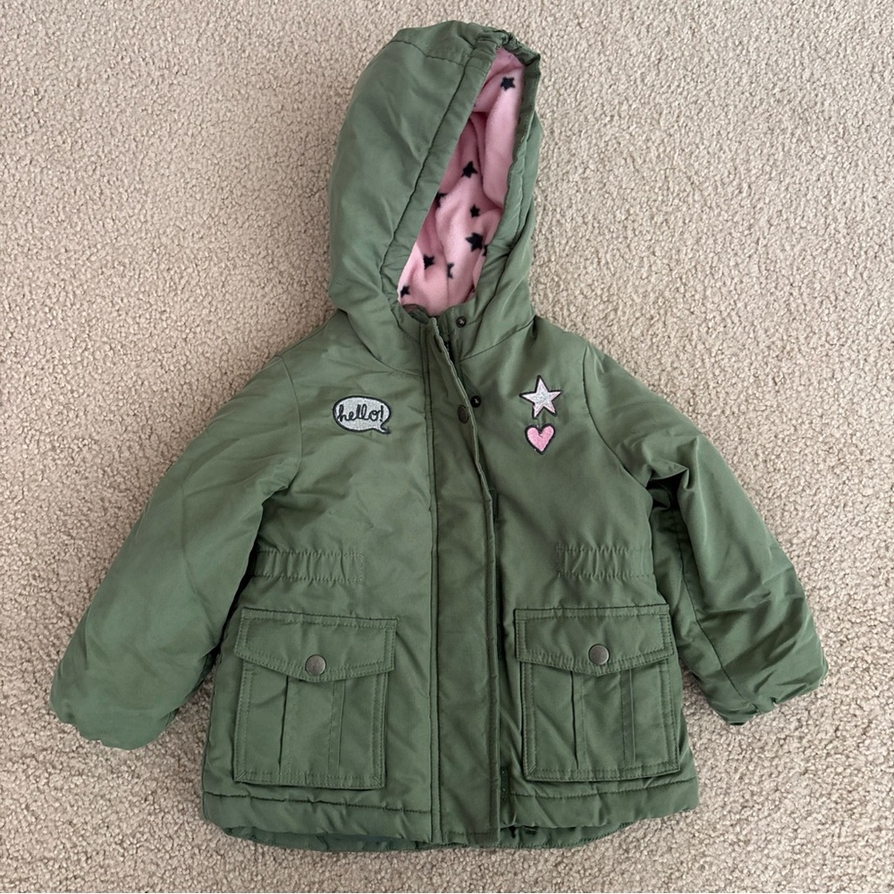 OshKosh B'Gosh Girls Green 3T Stars Pink Fleece Line Hooded Heavy Jacket Coat